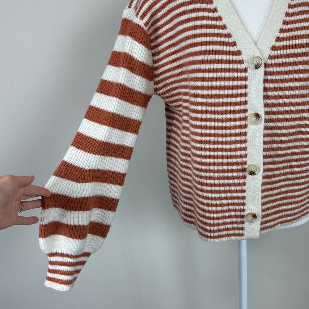 Sadie & Sage Tight Knot Balloon‎ Sleeve Stripe Cardigan Rust & Cream Medium - Picture 6 of 7